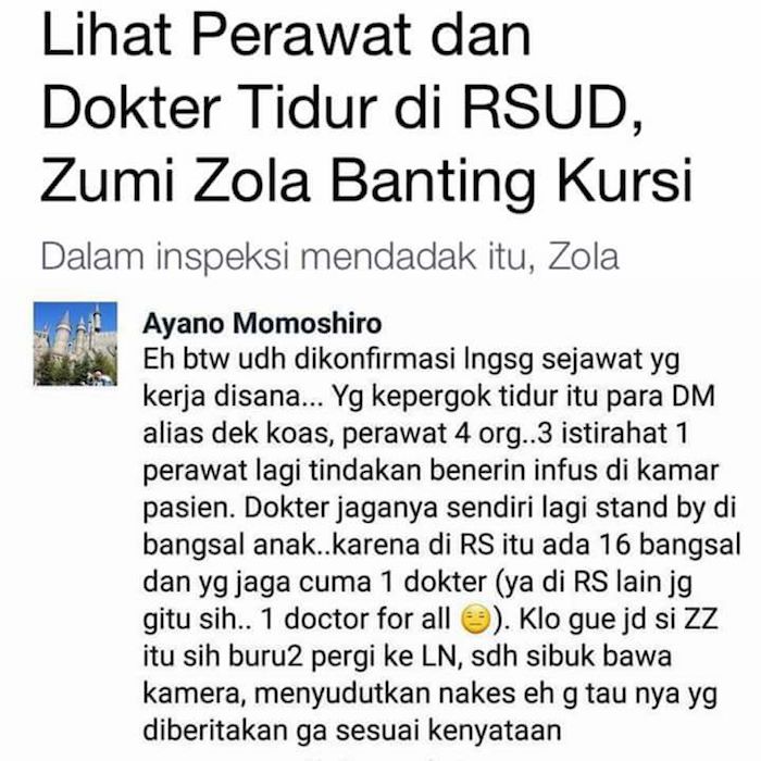 Screenshot Komentar Status Mengenai Sidak Gubernur Zumi Zola ke RSUD Jambi