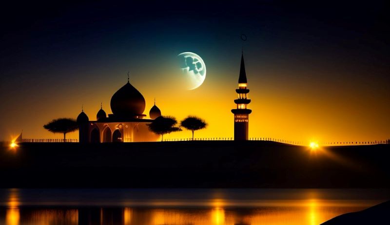 Mosque with Moon Sky
