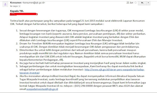 Email Balasan dari OJK Terkait Dream for Freedom D4F