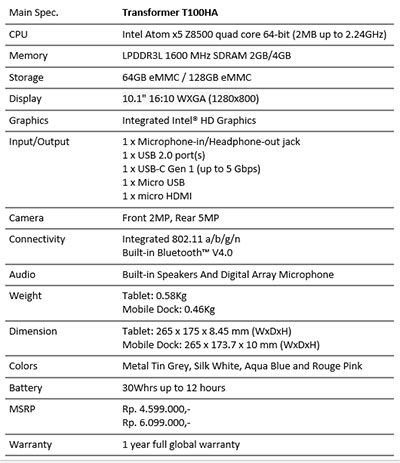 ASUS Transformer T100HA Specification