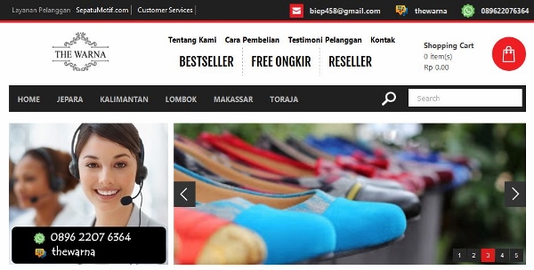 Tampilan Halaman Website Sepatu Batik dan Tenun The Warna Indonesia