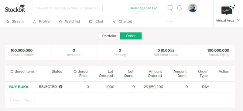 Tampilan Saham yang Telah Dibeli