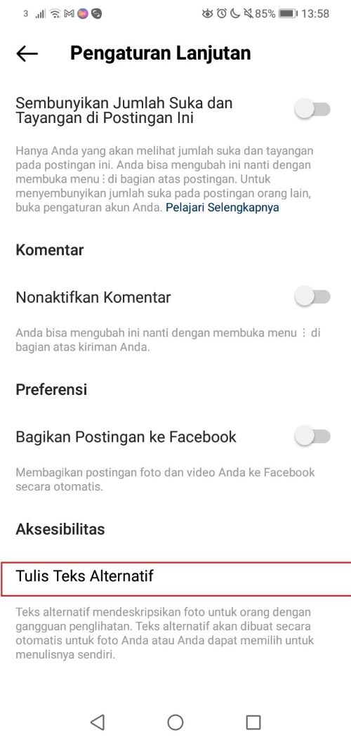 Pilihan Alt Text pada Instagram