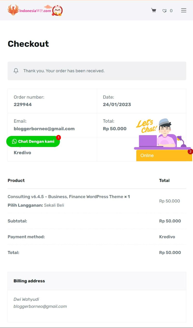 Tampilan Pembelian Theme WordPress indonesiaWP dengan Kredivo