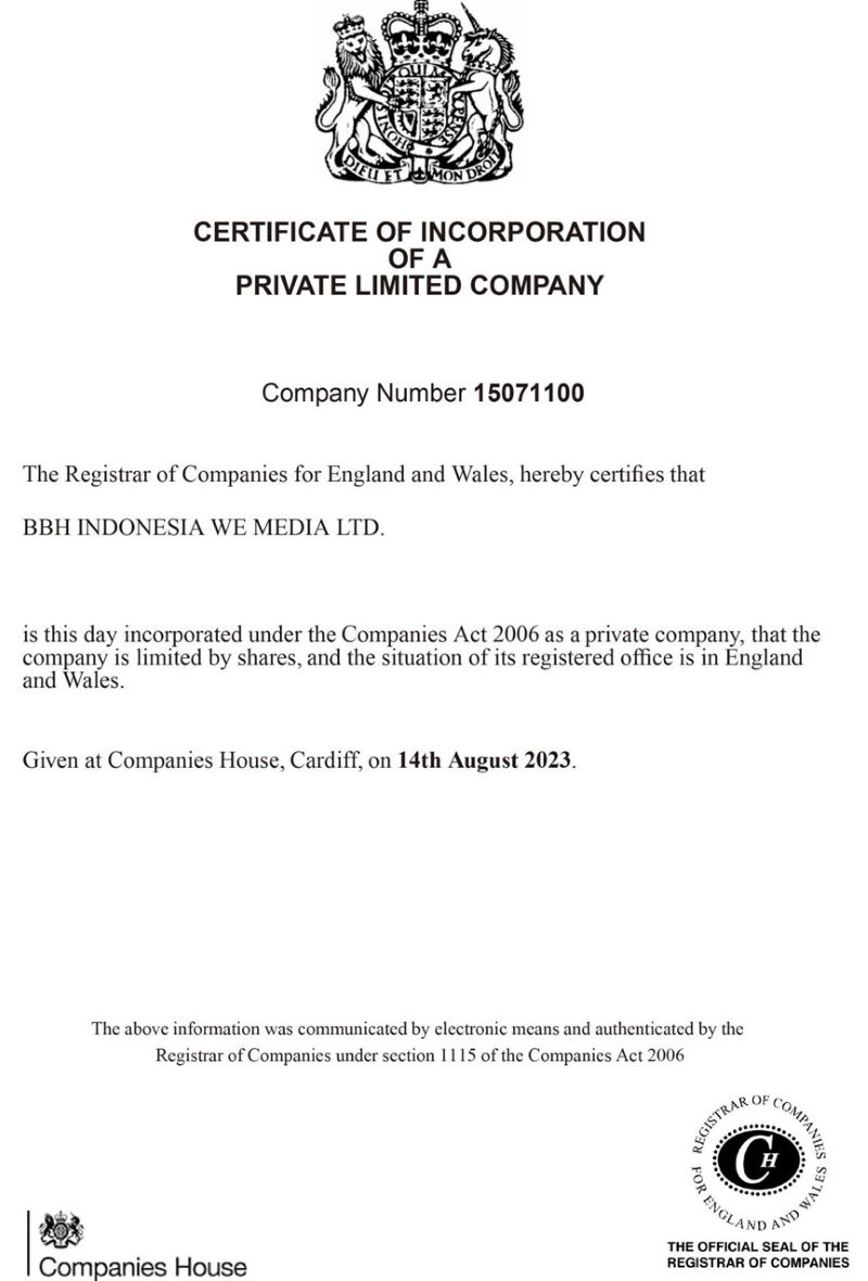 Certificate of Incorporation BBH Indonesia We Media