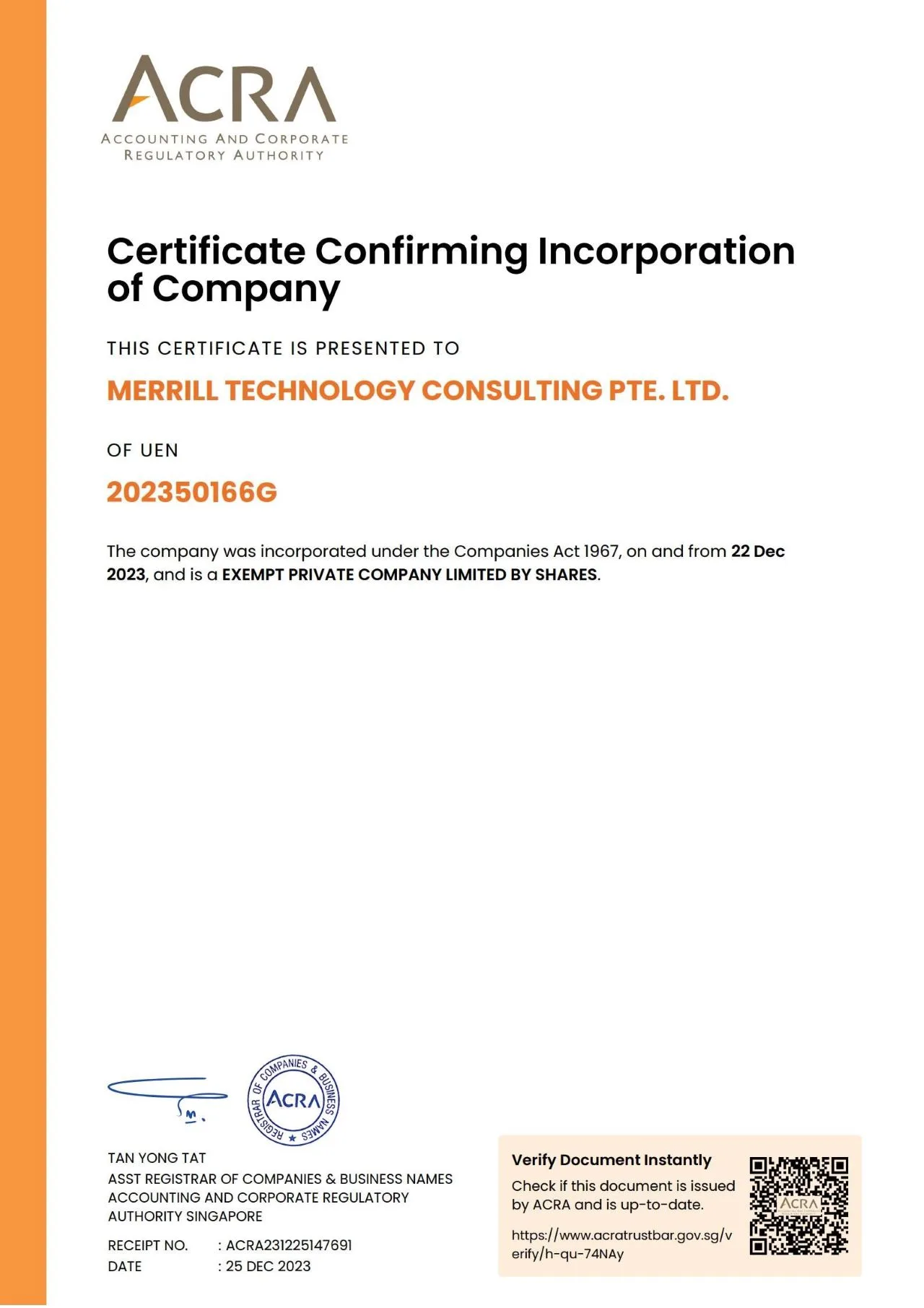 Certificate Confirming Incorporation of Company