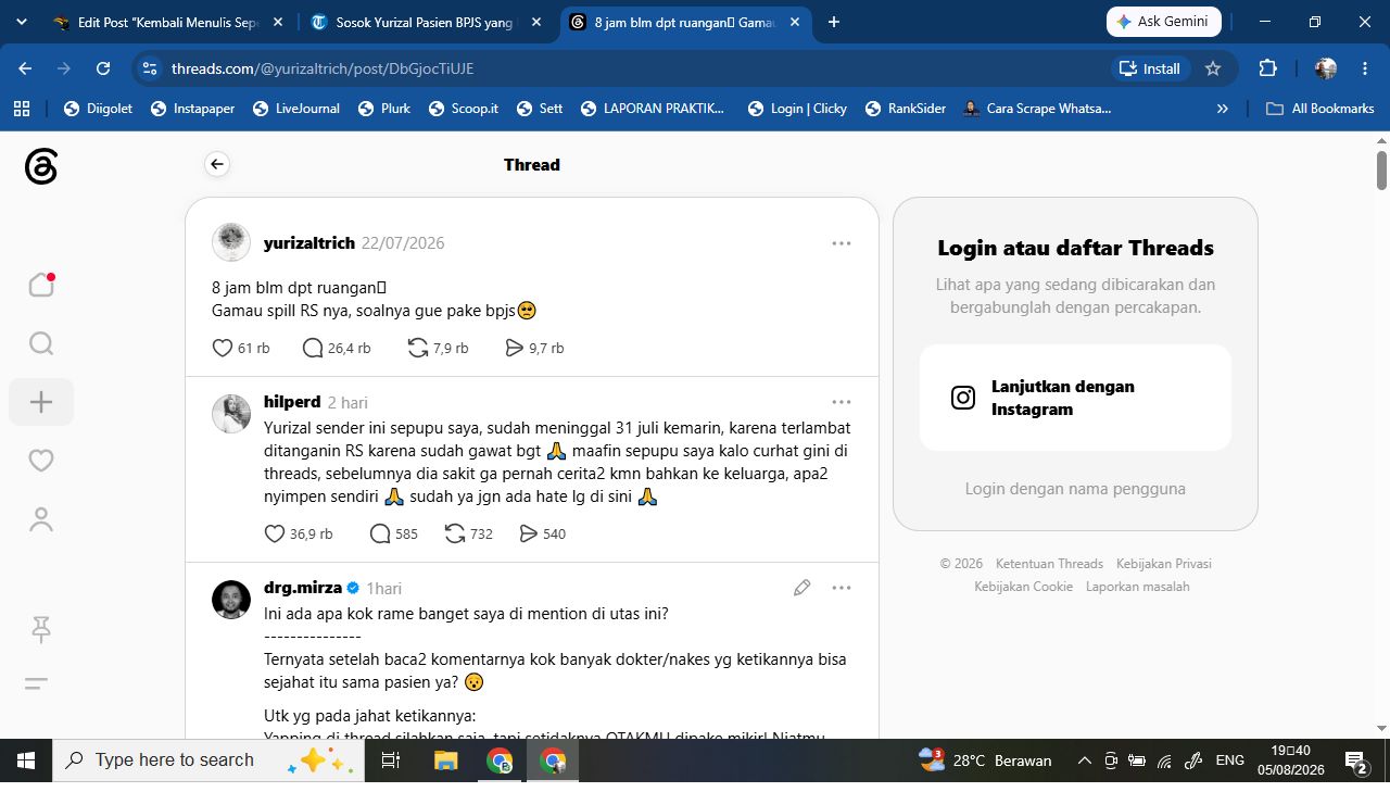 Tampilan Status Yurizal Tri Chaerawan di Threads